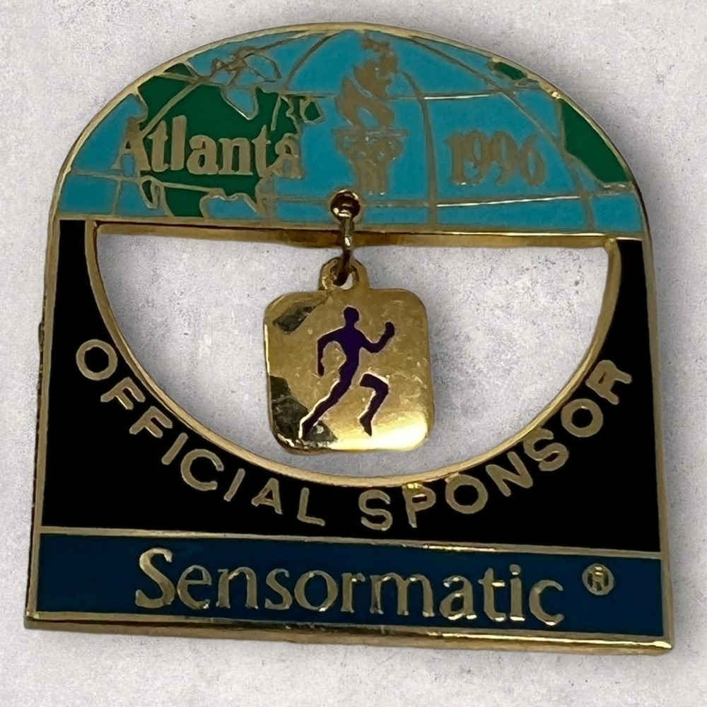 SensorMatic Pin Official Sponsor Atlanta 1996 Olympics Gold Tone‎ Enamel Dangle